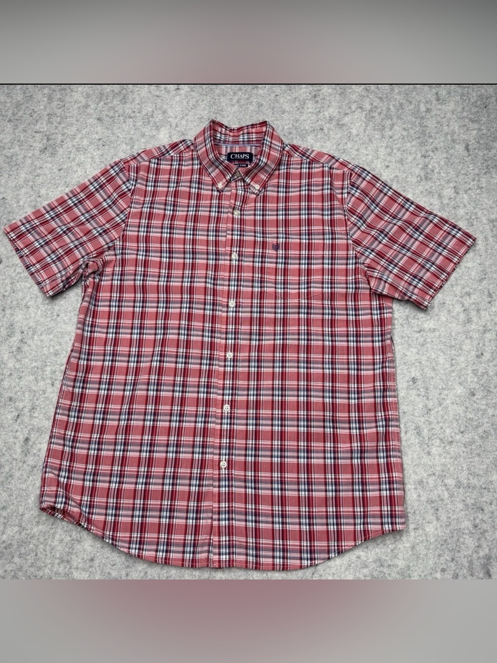 Chaps Mens Red Plaid Short Sleeve Button Down Shirt Easy Care Size Large